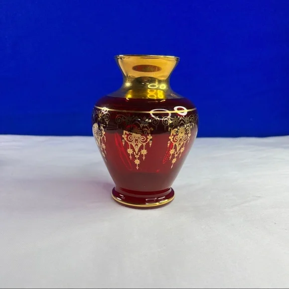 Red Vecchia Murano Art Glass Vases - 5” tall - 24k gold leaf - Picture 3 of 6